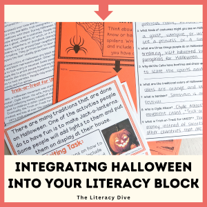 Halloween reading passage and writing task cards with comprehension sheet